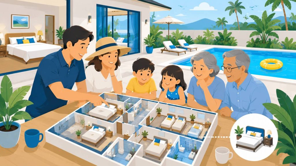 Pool villa bedroom planning for families with parents, children, grandparents, bedroom layout, bathrooms, and private pool