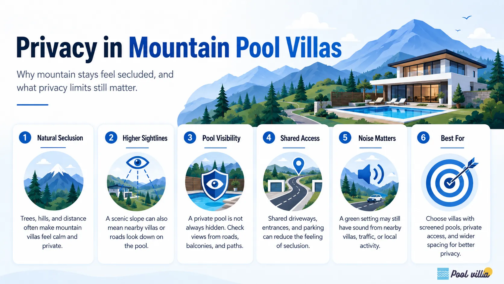 A clear guide to understanding mountain pool villa privacy, including seclusion, sightlines, pool visibility, shared access, and nearby noise.