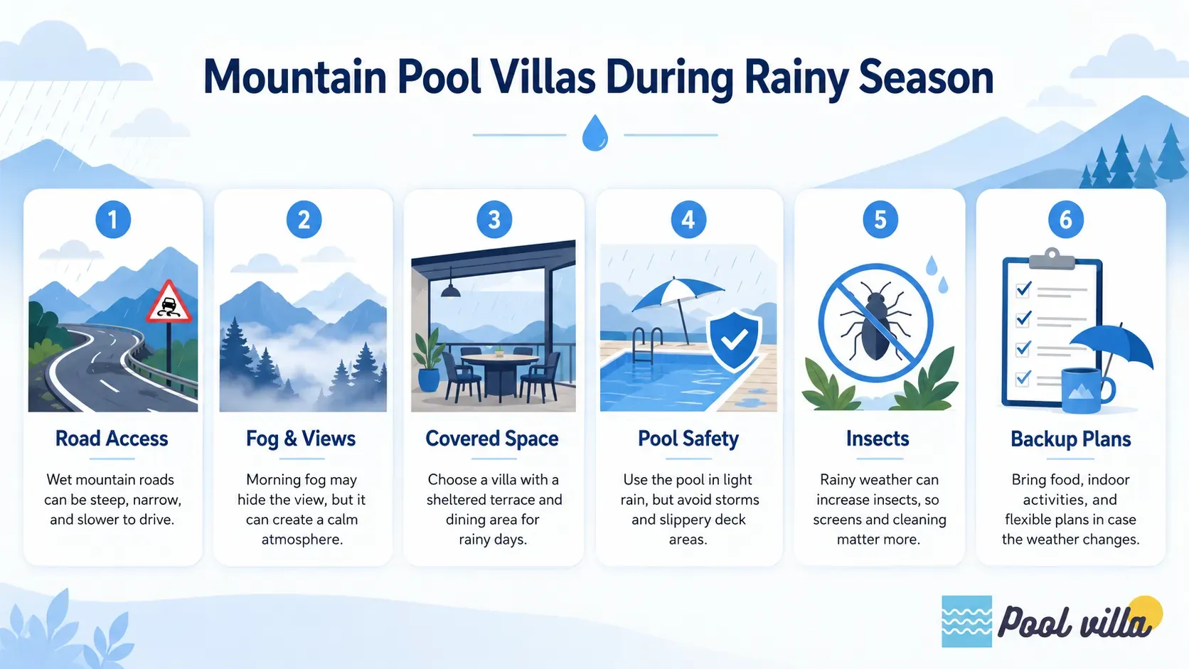 A practical guide to planning mountain pool villa stays during rainy season, including road access, fog, pool safety, insects, and backup plans.