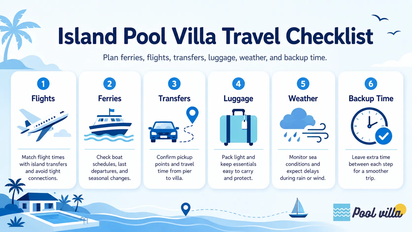 A practical checklist for planning island pool villa travel, including flights, ferries, transfers, luggage, weather, and backup time.