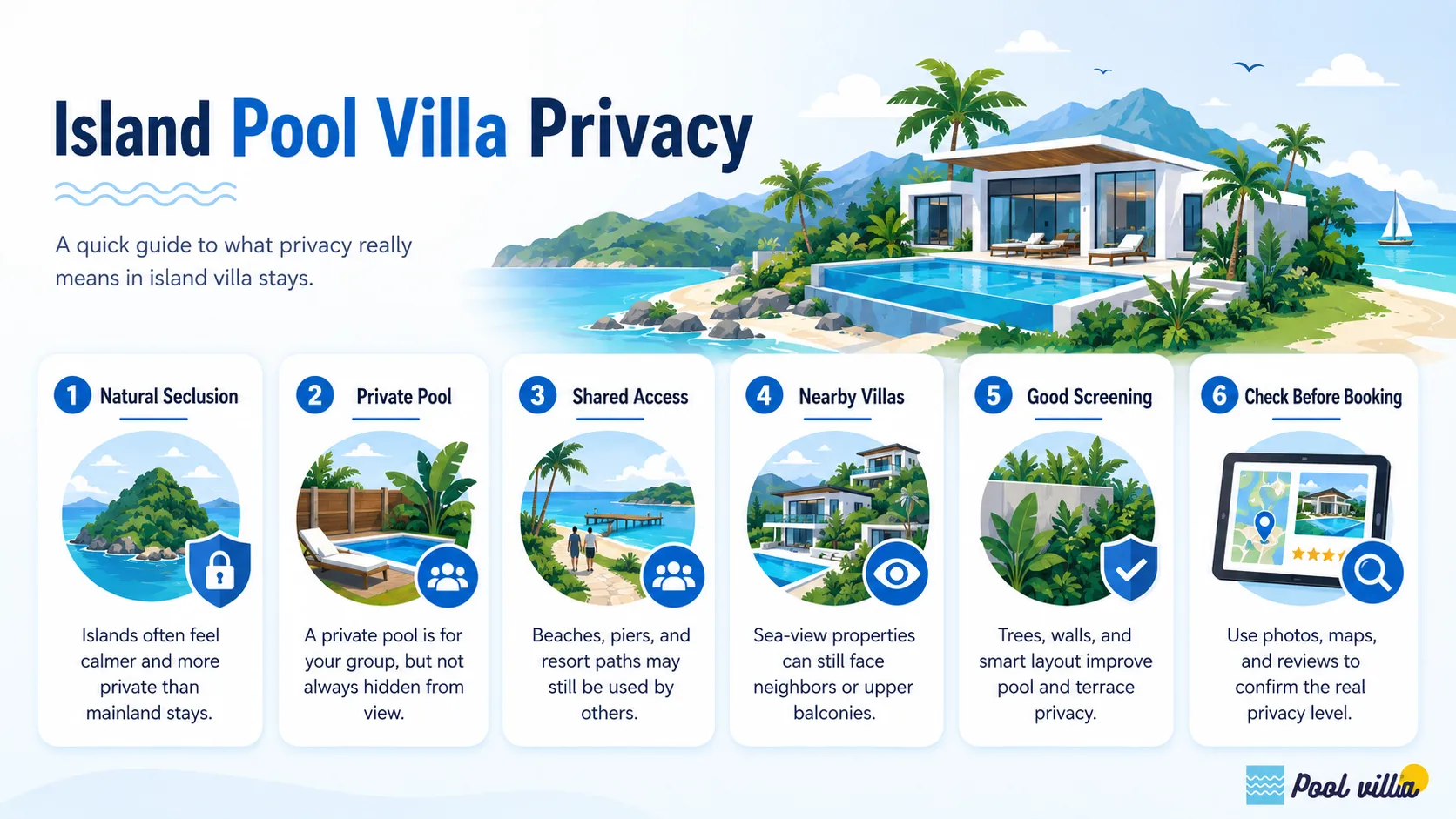 A clear guide to understanding privacy in island pool villas, including private pools, shared access, nearby villas, screening, and booking checks.