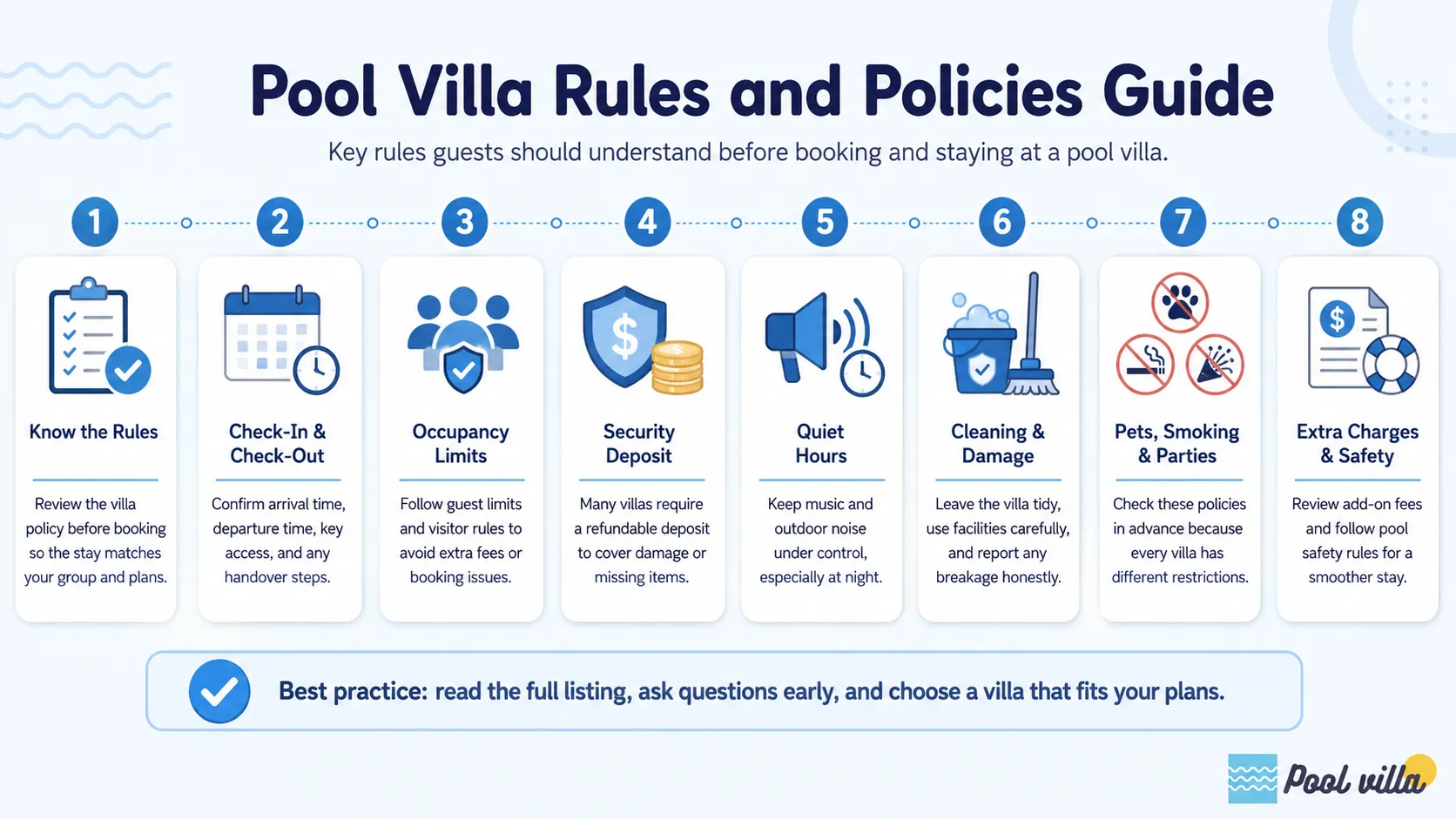 A simple guide to key pool villa rules, including check-in, occupancy limits, deposits, quiet hours, cleaning, safety, and extra charges.