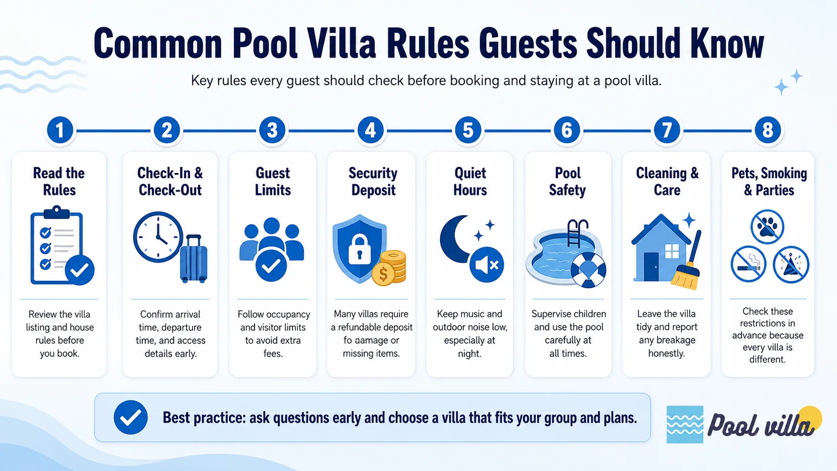 A quick guide to essential pool villa rules, including check-in, guest limits, deposits, quiet hours, pool safety, cleaning, and property policies.