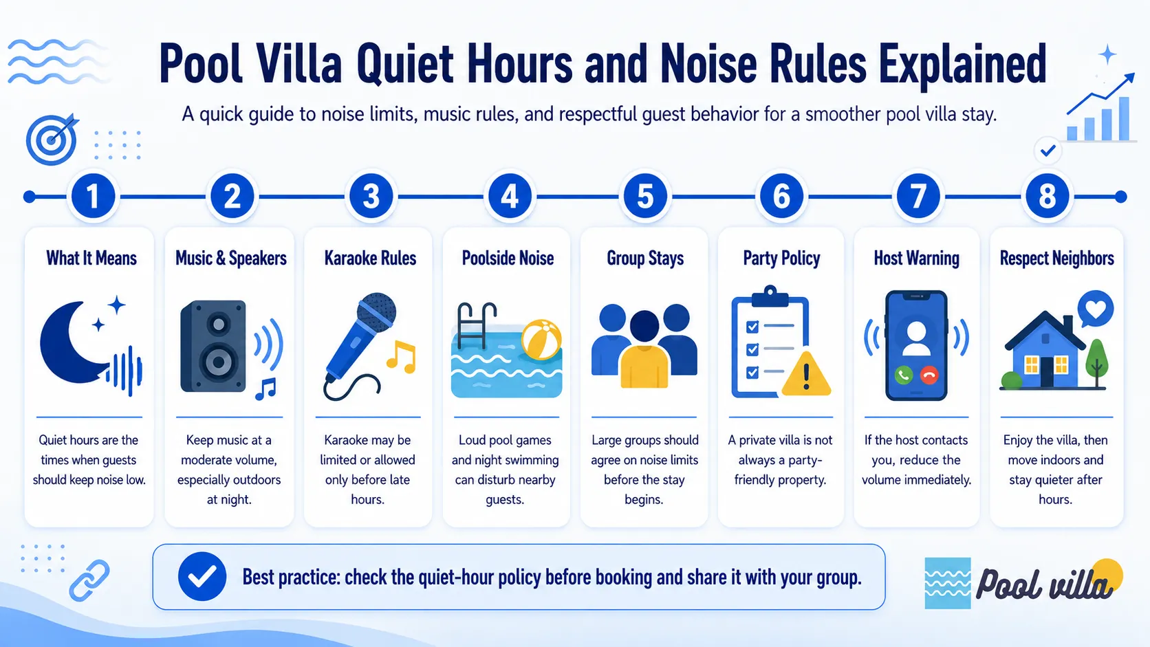 A quick guide to noise rules, music limits, quiet hours, and respectful guest behavior during a pool villa stay.