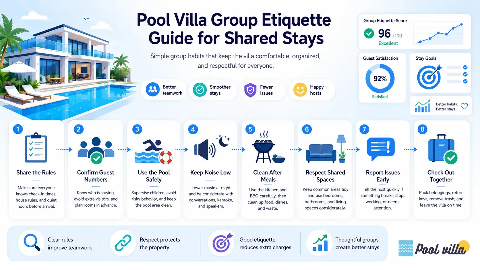 A modern infographic showing essential group etiquette tips for pool villa stays, including rules, guest numbers, pool safety, noise control, shared spaces, and check-out.