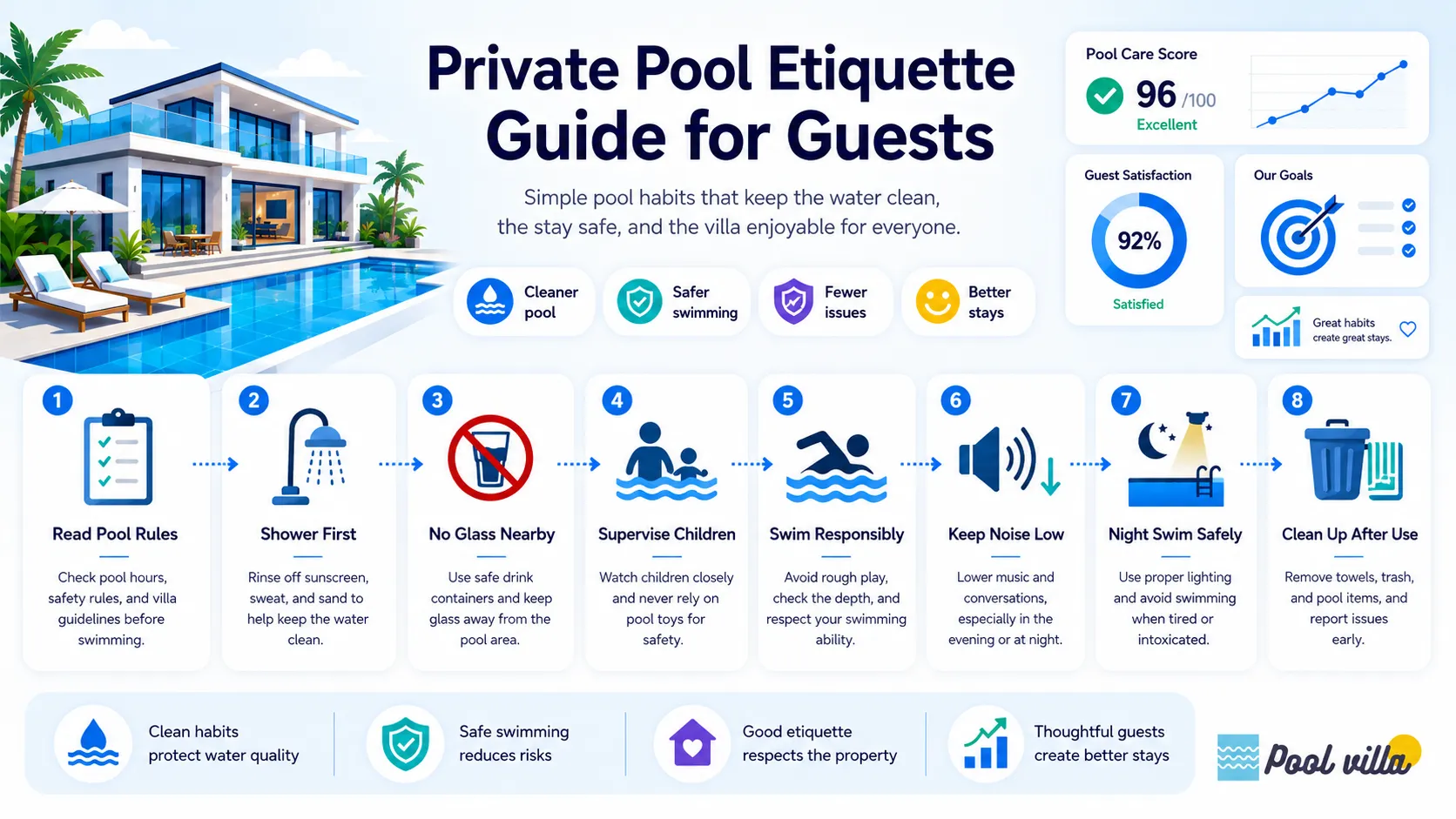 A modern infographic showing essential private pool etiquette tips, including pool rules, cleanliness, child supervision, safe swimming, noise control, and clean-up.
