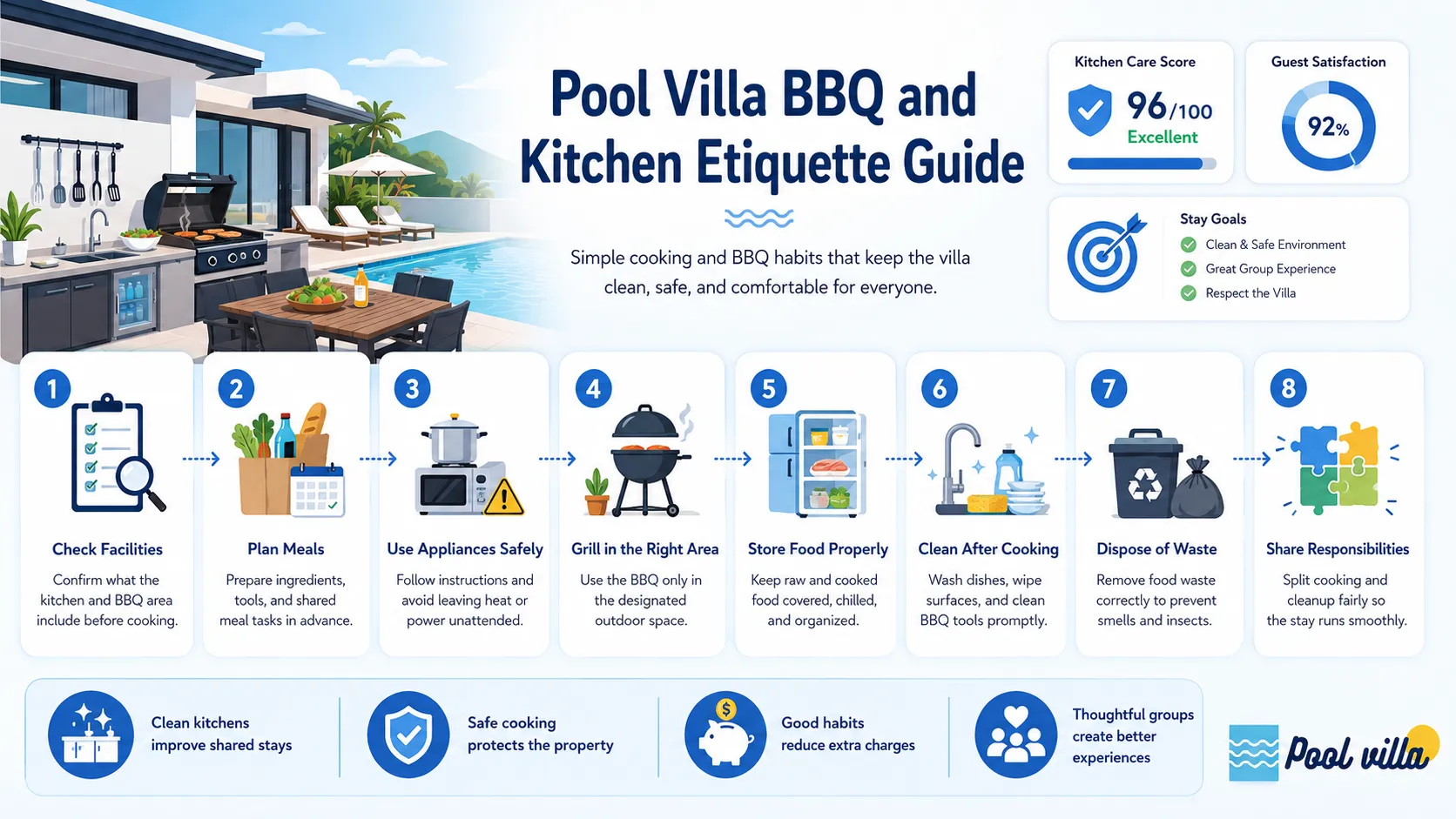A modern infographic showing BBQ and kitchen etiquette tips for pool villa stays, including meal planning, safe cooking, food storage, cleaning, waste disposal, and shared responsibilities.