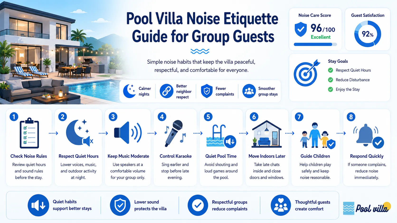 A modern infographic showing noise etiquette tips for pool villa group stays, including quiet hours, music control, karaoke, pool noise, children, and quick responses to complaints.