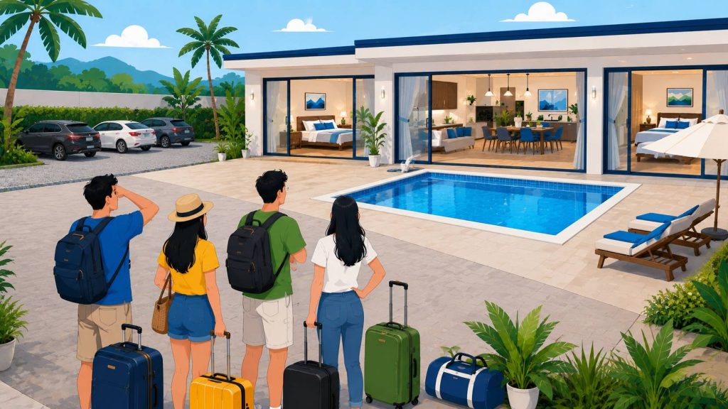 Common group villa problems showing poolside crowding, bathroom access, parking limits, outdoor dining, and large group coordination