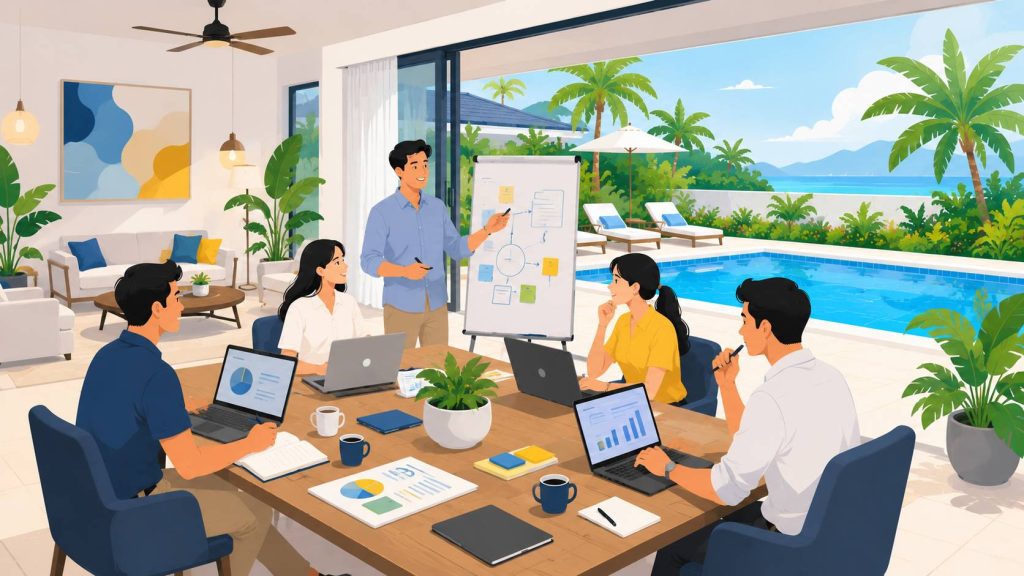 Corporate retreat pool villa with an informal workshop space, laptops, meeting table, and private pool view