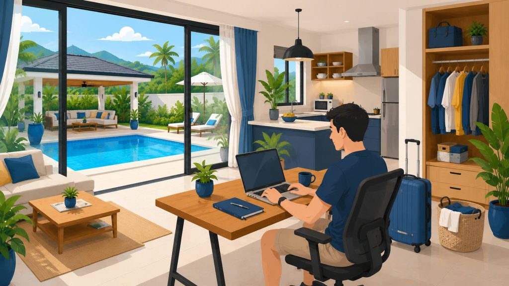 Digital nomad villa checklist showing a long-stay pool villa with laptop workspace, kitchen, luggage, laundry area, private pool, and terrace