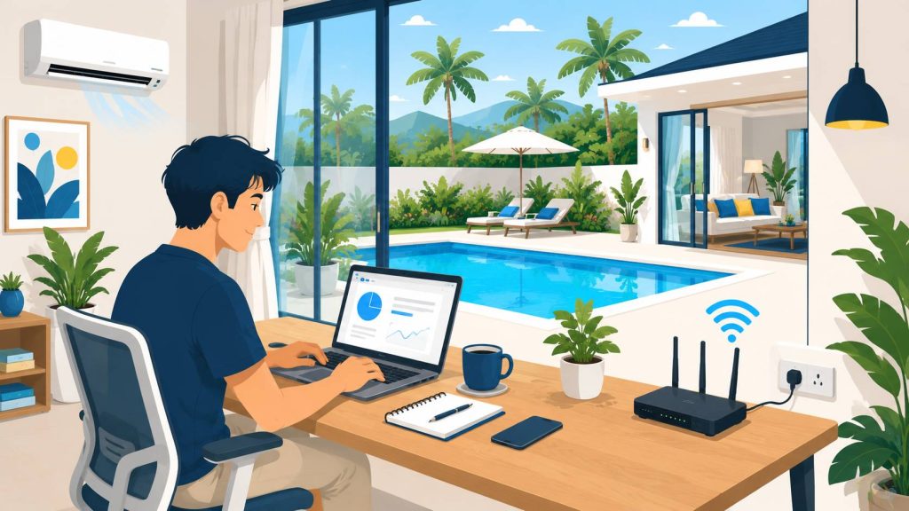 Digital nomad villa workspace with laptop, Wi-Fi setup, power access, quiet room, and private pool view