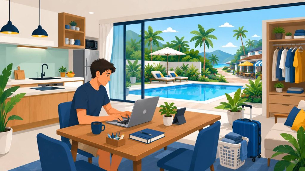 Digital nomad villa with a laptop workspace, private pool, tropical terrace, and calm work-travel setting
