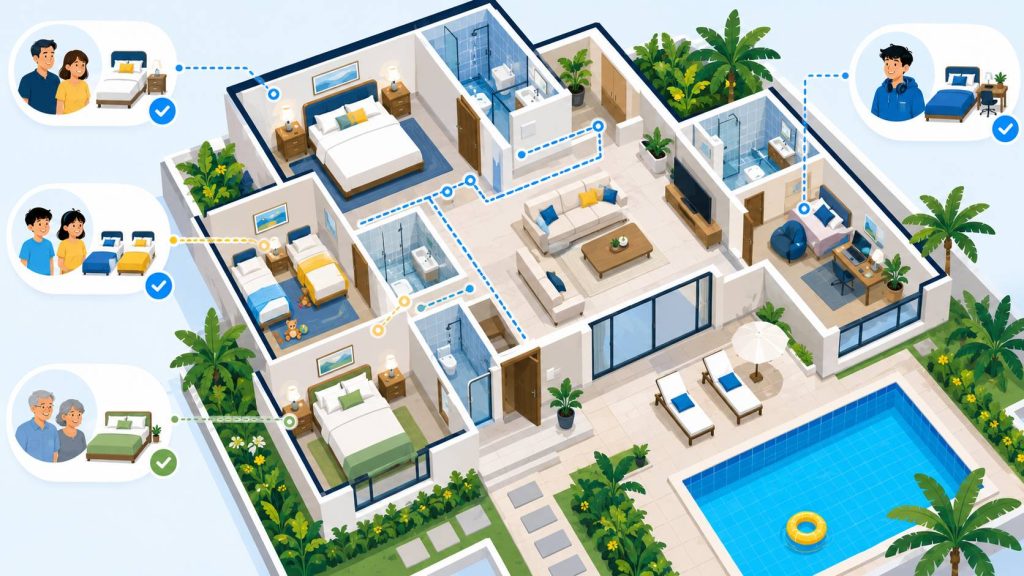 Family pool villa bedrooms showing room layout, bed types, bathroom access, and sleeping setup for children and grandparents