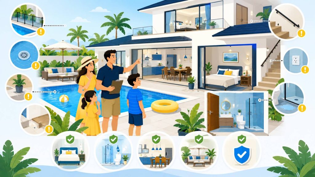 Family pool villa problems showing parents checking pool safety, stairs, bedrooms, bathrooms, and kitchen areas