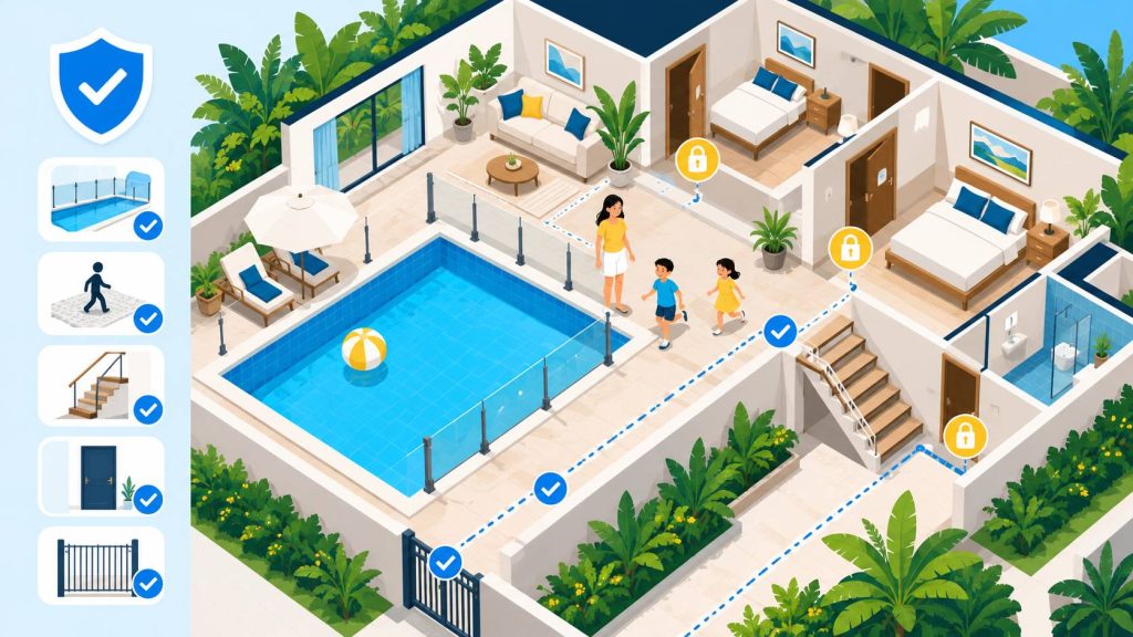 Family pool villa checklist showing pool safety, stairs, nearby bedrooms, and supervised spaces for kids