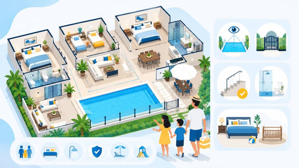 Family pool villa layout showing pool safety, nearby bedrooms, bathrooms, and practical room planning