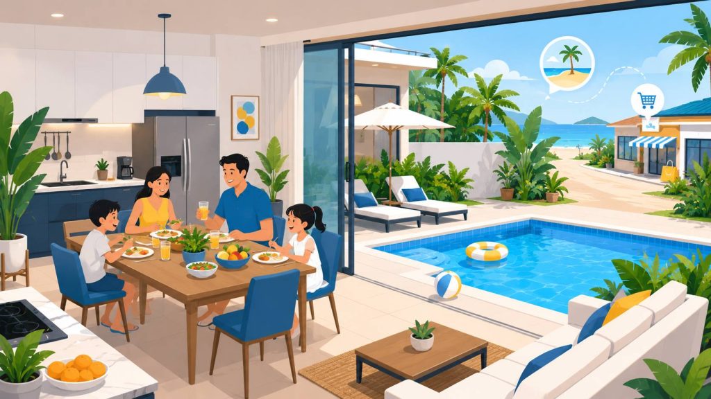 Family pool villa with a practical kitchen, dining area, private pool, and convenient location features