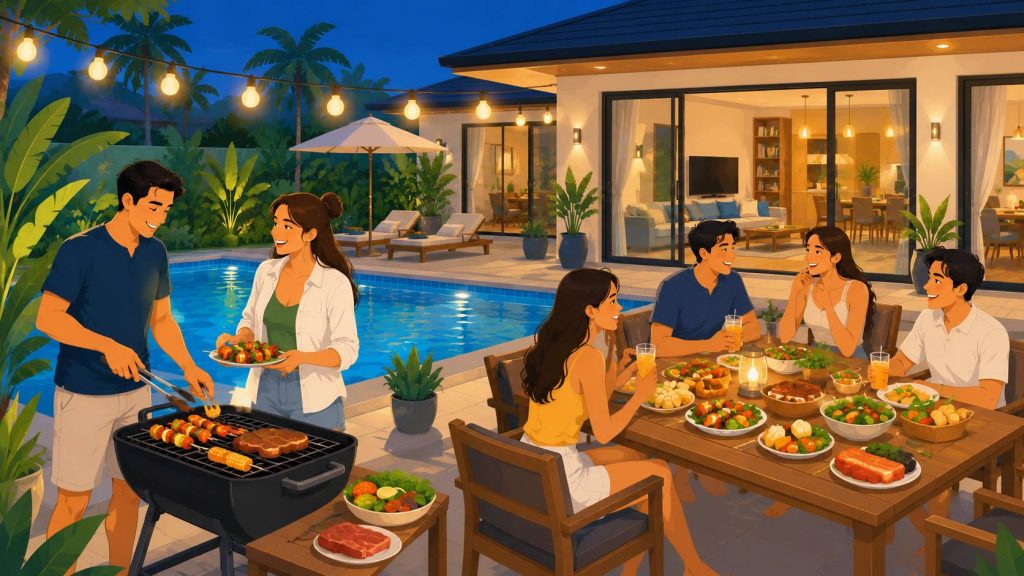 Friend group pool villa activities showing friends enjoying BBQ, outdoor dining, private pool, warm terrace lighting, tropical garden, and relaxed group time