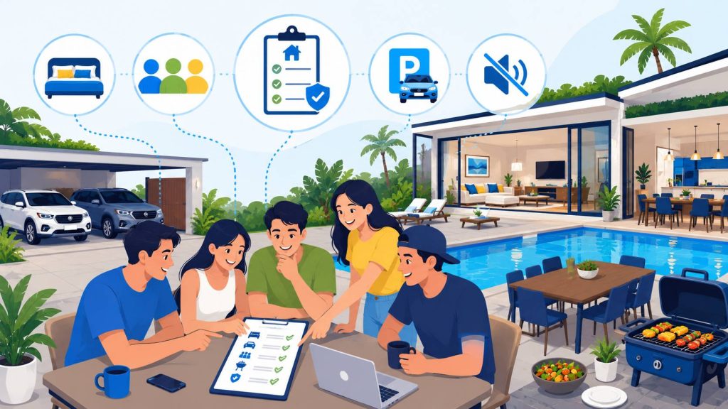 Friend group pool villa checklist showing shared spaces, parking, BBQ area, pool seating, and house rule planning