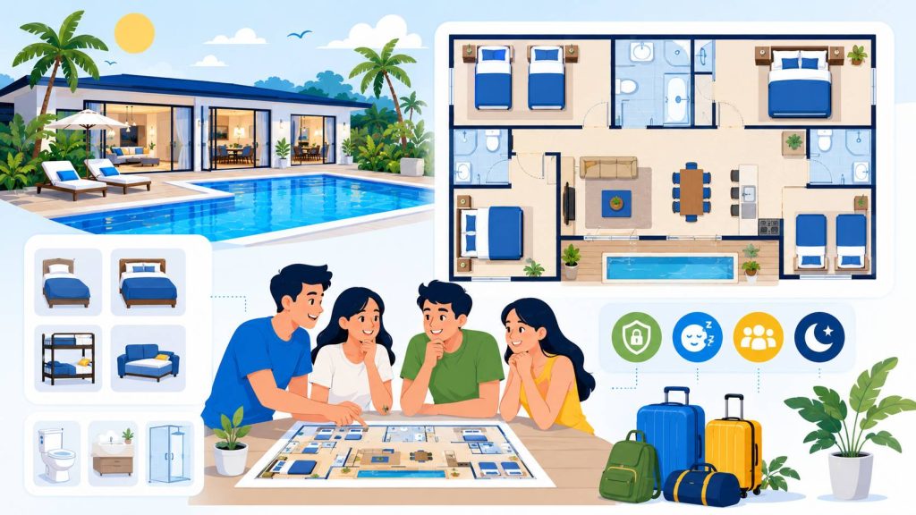 Friend group pool villa sleeping arrangements showing bedroom layout, different bed types, bathroom access, luggage, and private pool