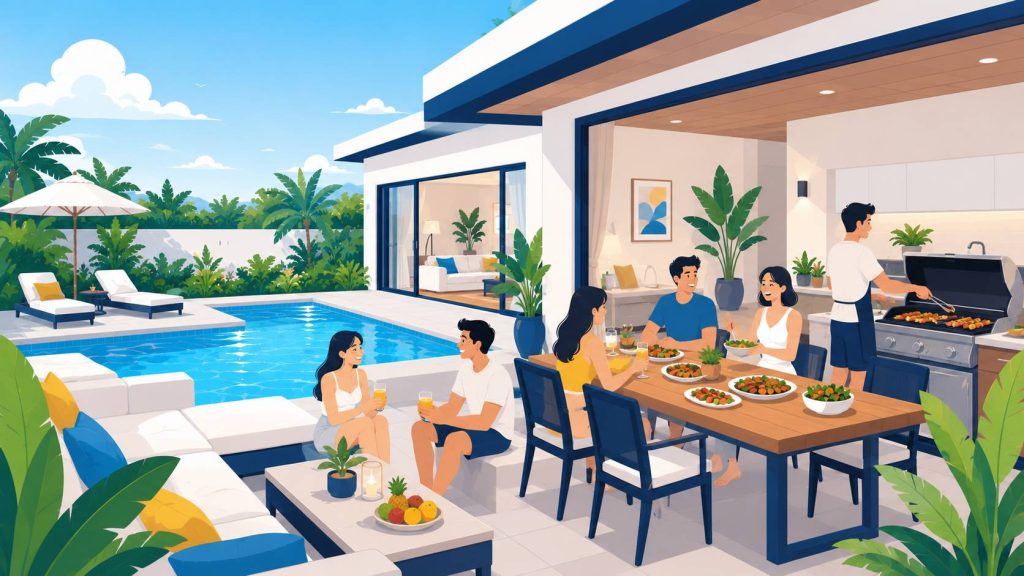 Friend group pool villa with outdoor dining space, BBQ area, poolside seating, and tropical surroundings