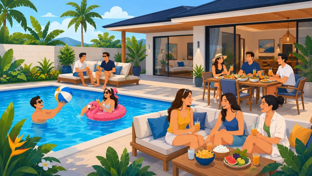 Pool villa activities for friends showing a group relaxing by a private pool, outdoor seating, shaded terrace, shared snacks, and tropical villa setting