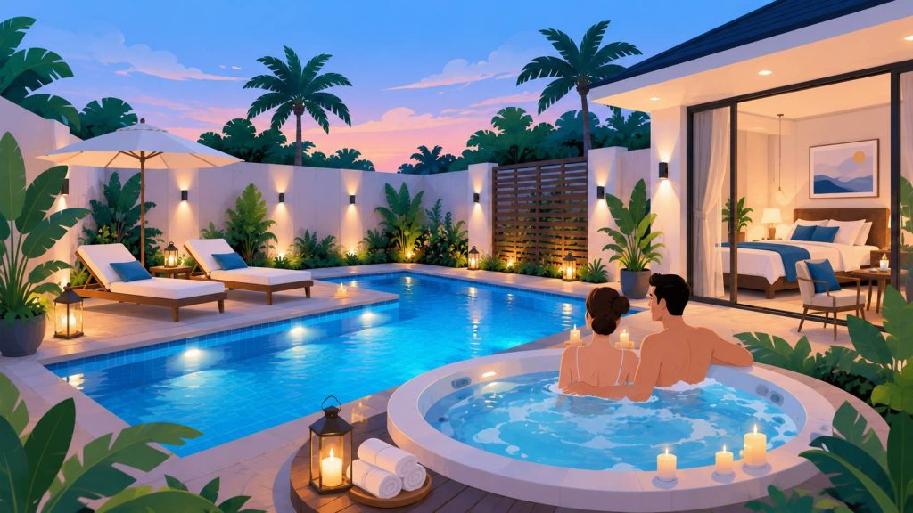 Jacuzzi pool villa couples can enjoy with a private pool, outdoor jacuzzi, lounge chairs, soft lighting, and tropical privacy