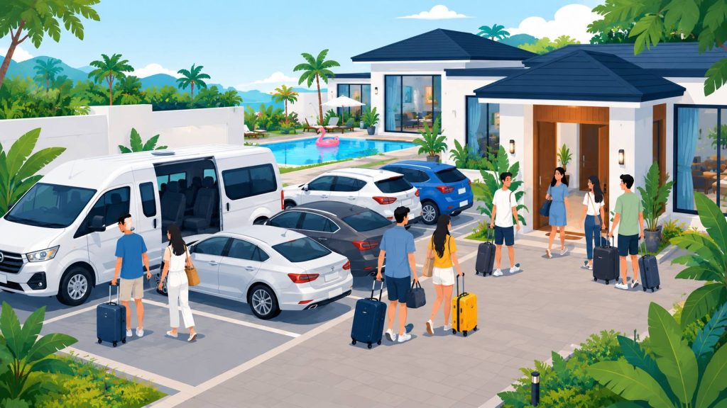 Large group pool villa parking with cars, passenger van, guests carrying luggage, villa entrance, driveway, and private pool