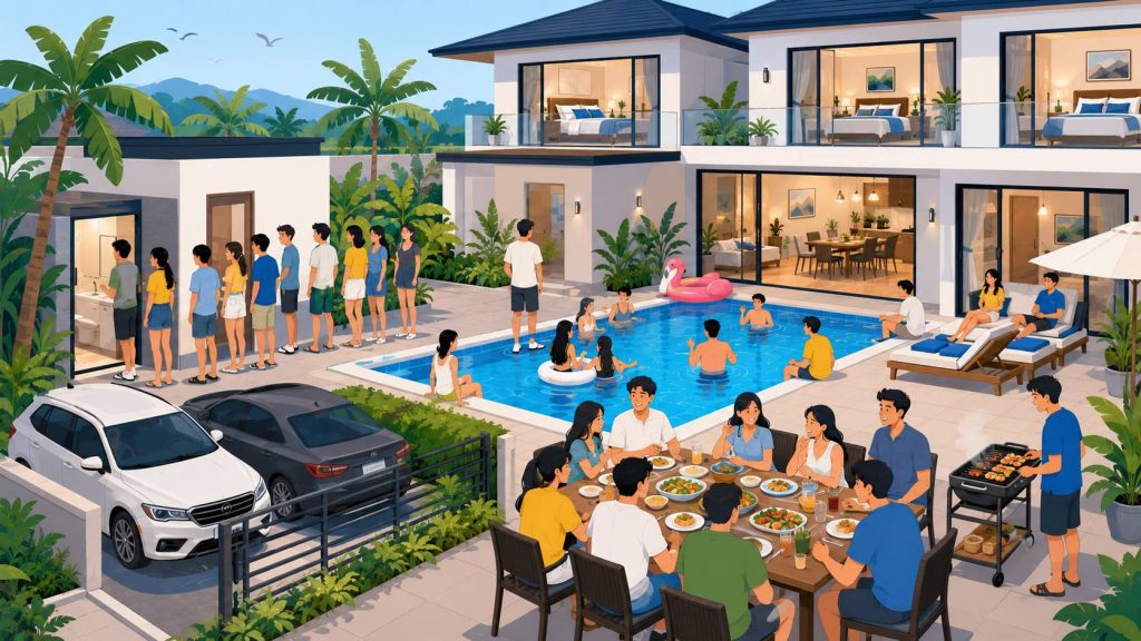 Large group pool villa problems showing guests, luggage, limited parking, private pool, bedrooms, and crowded shared spaces