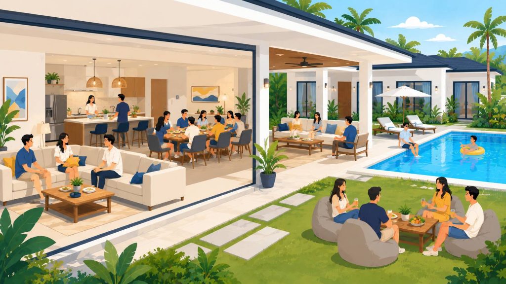 Large pool villa shared space with connected living room, dining area, kitchen, shaded terrace, pool deck, garden, and group seating