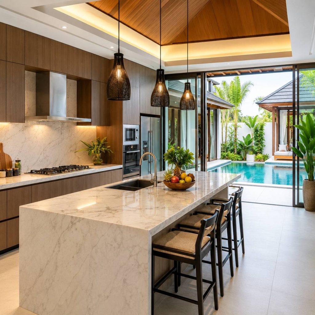 Modern fully equipped kitchen inside a Thai pool villa