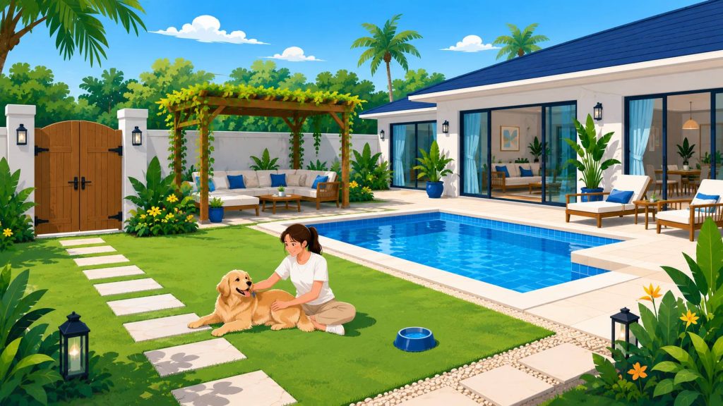 Pet friendly pool villa outdoor space with enclosed garden, secure gate, shade, grass area, private pool, water bowl, and supervised dog