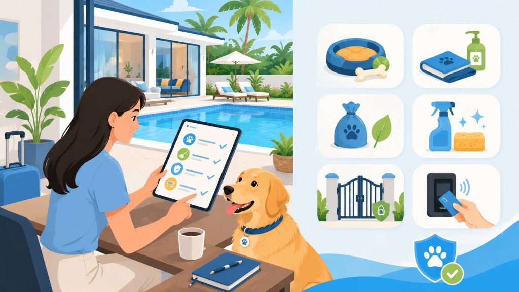 Pet friendly pool villa planning scene with pet rules, cleaning supplies, deposit details, and a calm dog
