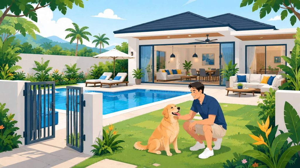 Pet friendly pool villa with a private pool, enclosed garden, shaded terrace, and a guest with a dog