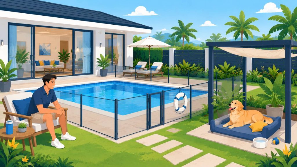 Pet friendly pool villa with a secure garden, safe pool area, shaded pet space, and supervised dog