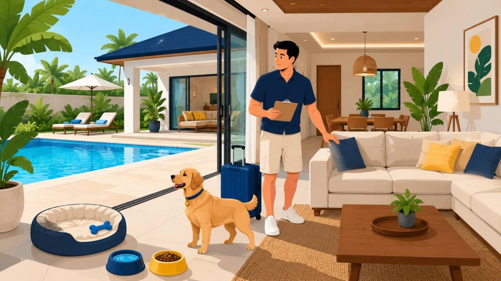 Pets pool villa security deposit check showing a pet owner inspecting a clean villa with dog, pet bed, food bowls, sofa, terrace, and private pool