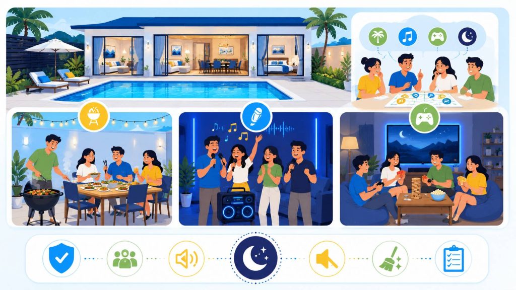 Friend group activity planning at a pool villa with BBQ, karaoke, indoor games, quiet-hour cues, and house rule icons
