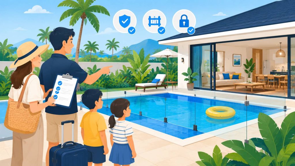 Pool villa checklist for families showing parents checking pool safety, outdoor space, and child-friendly villa features