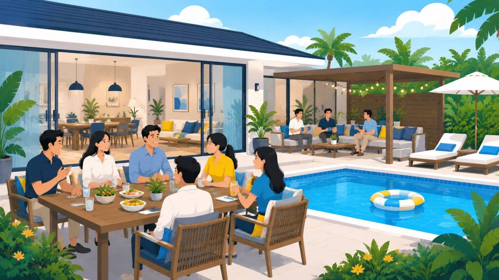 Pool villa corporate retreat with team members relaxing near a private pool and outdoor dining area