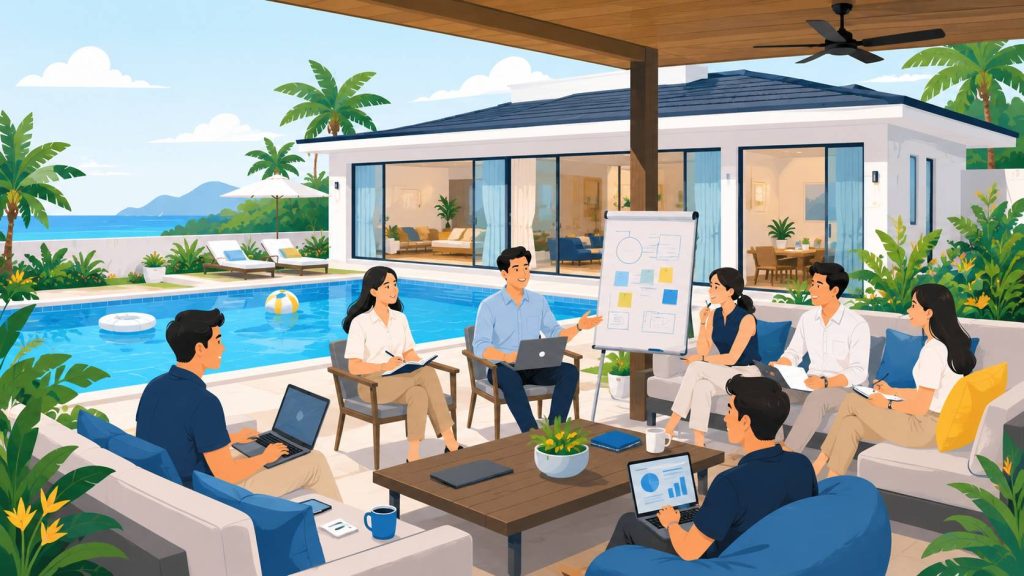 Pool villa corporate retreat with a team meeting near a private pool in a relaxed tropical setting