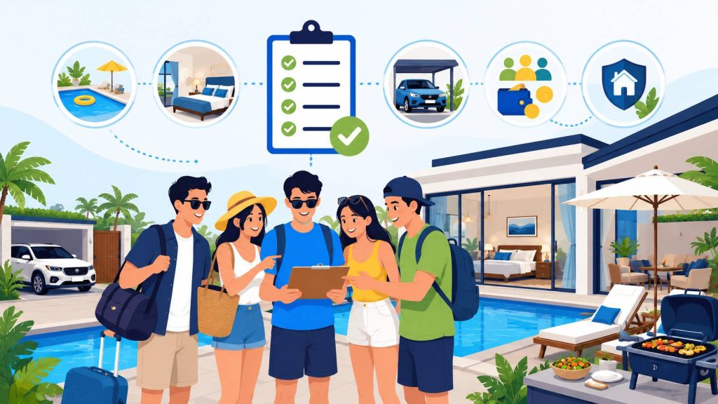 Pool villa friend group checklist showing friends planning activities, sleeping setup, parking, shared costs, and house rules