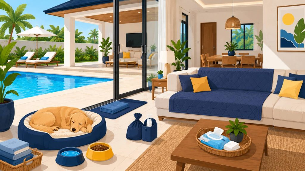 Pool villa pet deposit care with dog on pet bed, protected sofa, pet towel, food bowls, cleaning wipes, terrace, and private pool