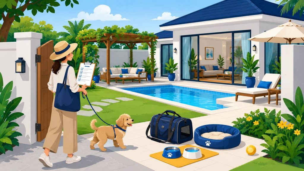 Pool villa pet policy checklist showing a pet owner checking a private pool villa, secure gate, outdoor space, pet supplies, and pool access