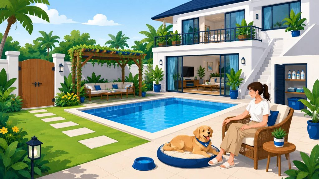 Pool villa pet safety showing a supervised dog, private pool, secure gate, shaded garden, stairs, balcony, and safe villa layout