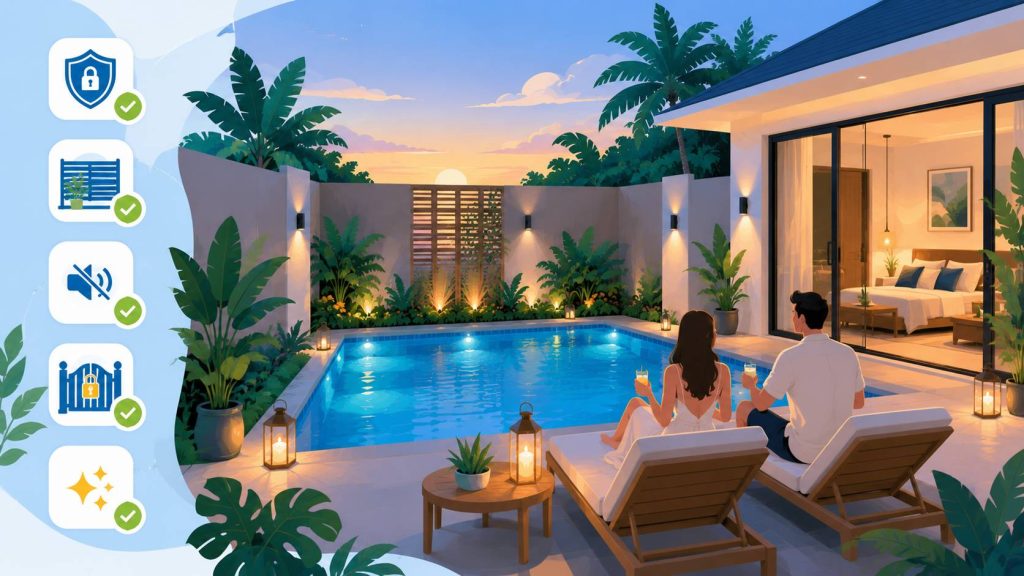 Pool villa privacy checklist couples can use to check private pool comfort, privacy walls, tropical greenery, and quiet outdoor space