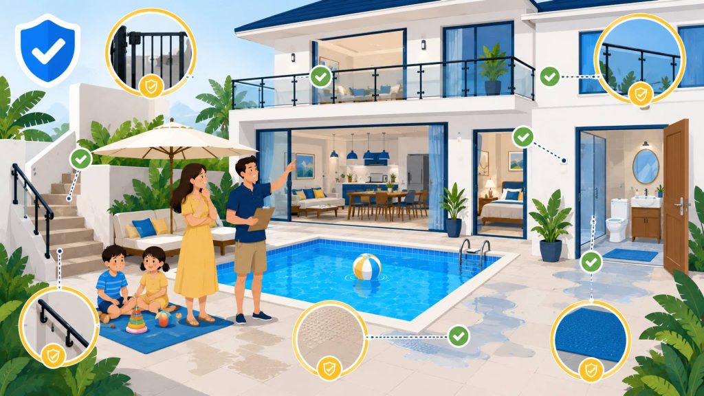 Pool villa safety areas for children showing stairs, balcony, bathroom access, wet terrace, and supervised family spaces
