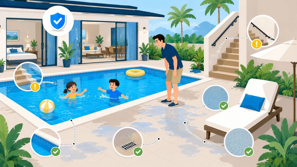 Pool villa safety problems for families showing pool edges, stairs, wet terrace areas, and supervised children