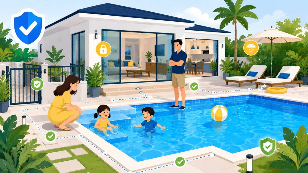 Pool villa safety for children with parents supervising kids near a private pool, secure doors, and clear pool edges