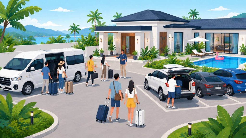 Pool villa transport planning for large groups with carpooling, passenger van access, luggage unloading, driveway, and arrival coordination